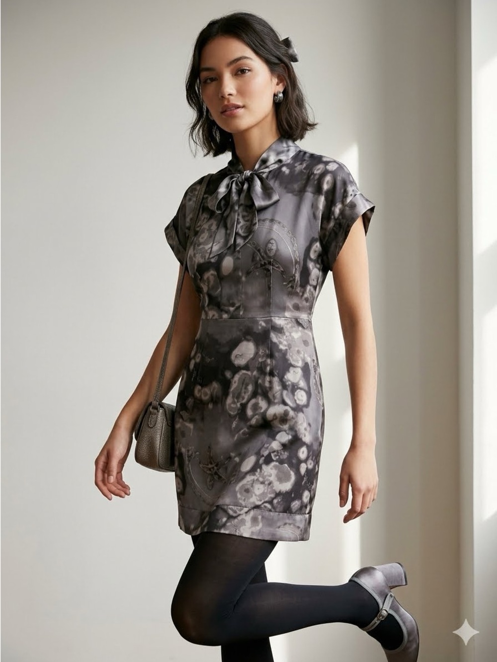 Anna Sui Silk Black and Gray Abstract Print Mini Dress